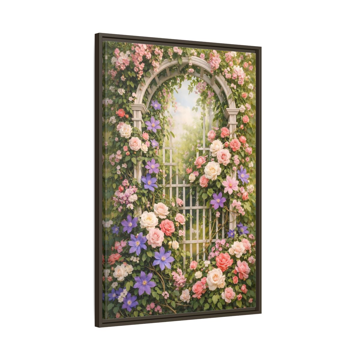 Side Mockup 10. Floral Floral Archway Pink Floral Garden shown as stretched canvas wall art