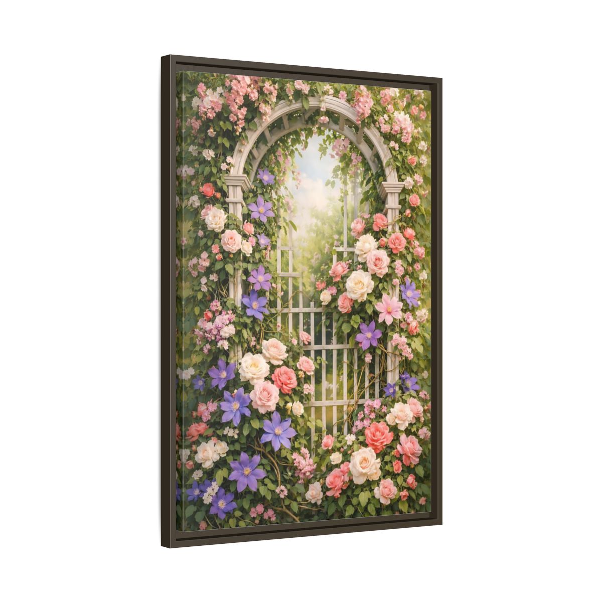 Side Mockup 12. Floral Floral Archway Pink Floral Garden shown as stretched canvas wall art