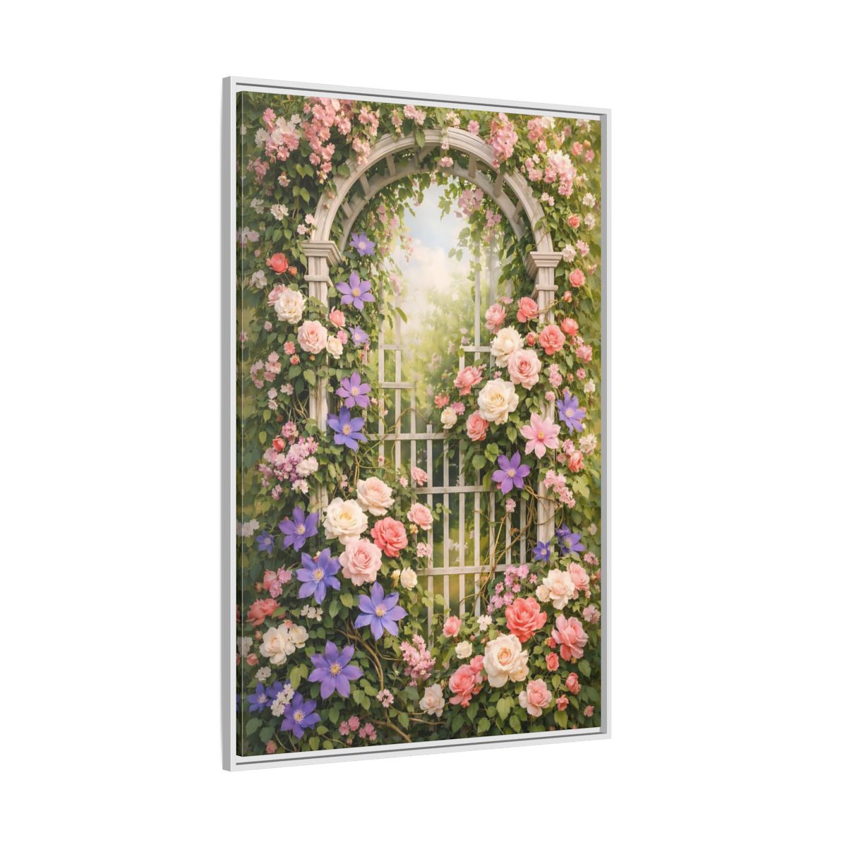 Side Mockup 7. Floral Floral Archway Pink Floral Garden shown as stretched canvas wall art