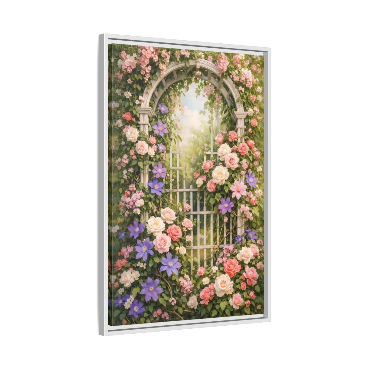 Side Mockup 11. Floral Floral Archway Pink Floral Garden shown as stretched canvas wall art