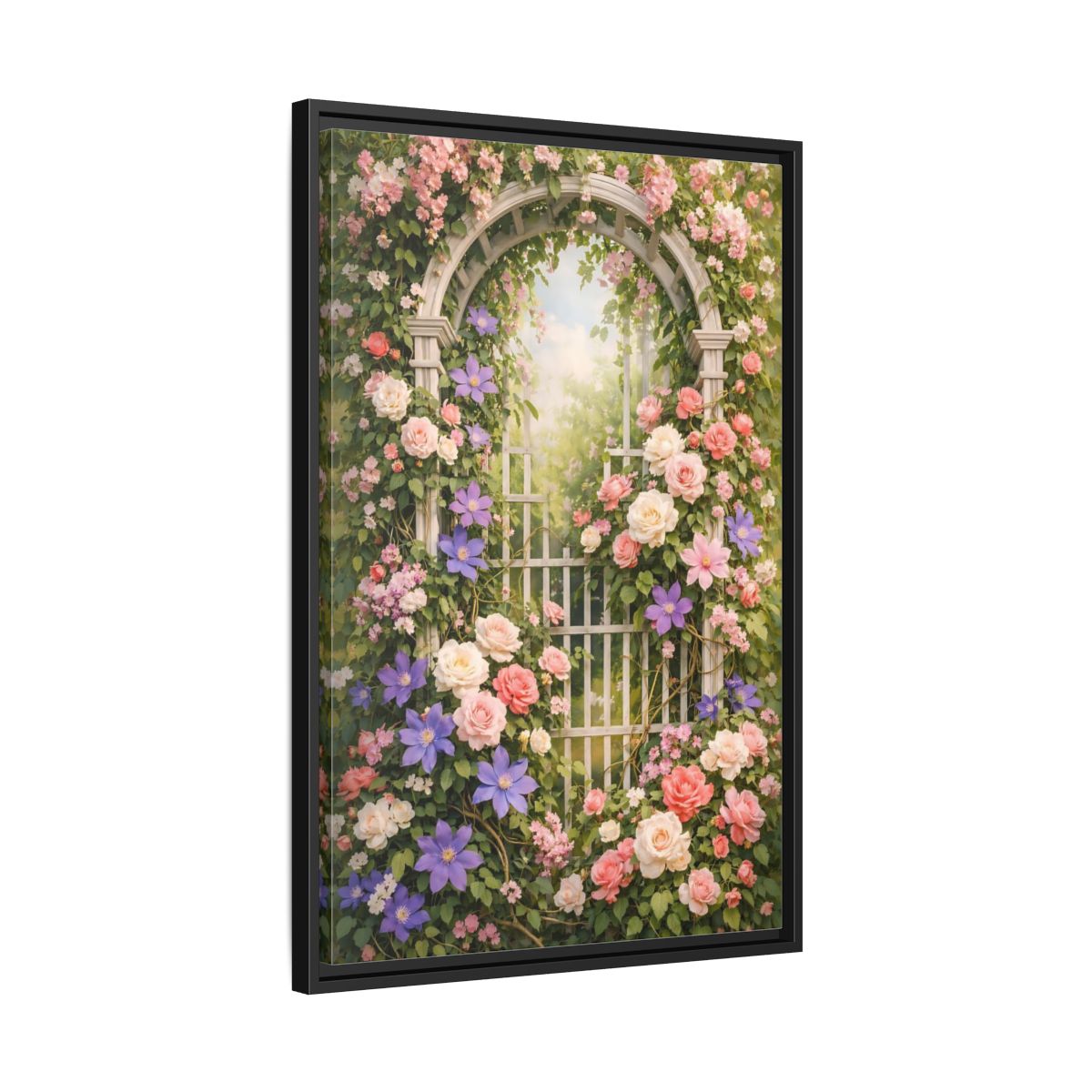 Side Mockup 14. Floral Floral Archway Pink Floral Garden shown as stretched canvas wall art