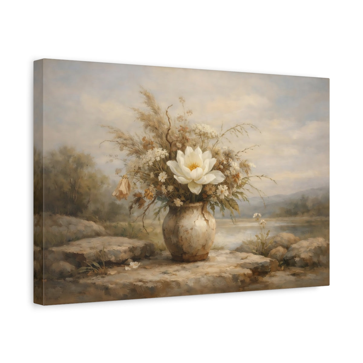 Side Mockup 4. Floral Floral Arrangement Beige Floral shown as stretched canvas wall art