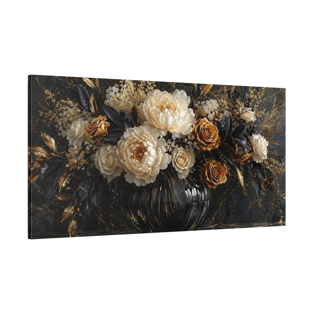 Side Mockup 2. Floral Floral Arrangement Black Gold Floral shown as stretched canvas wall art