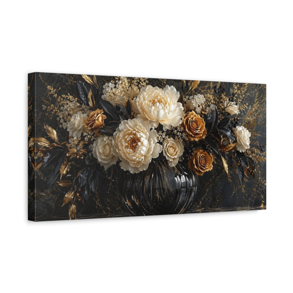Side Mockup 3. Floral Floral Arrangement Black Gold Floral shown as stretched canvas wall art