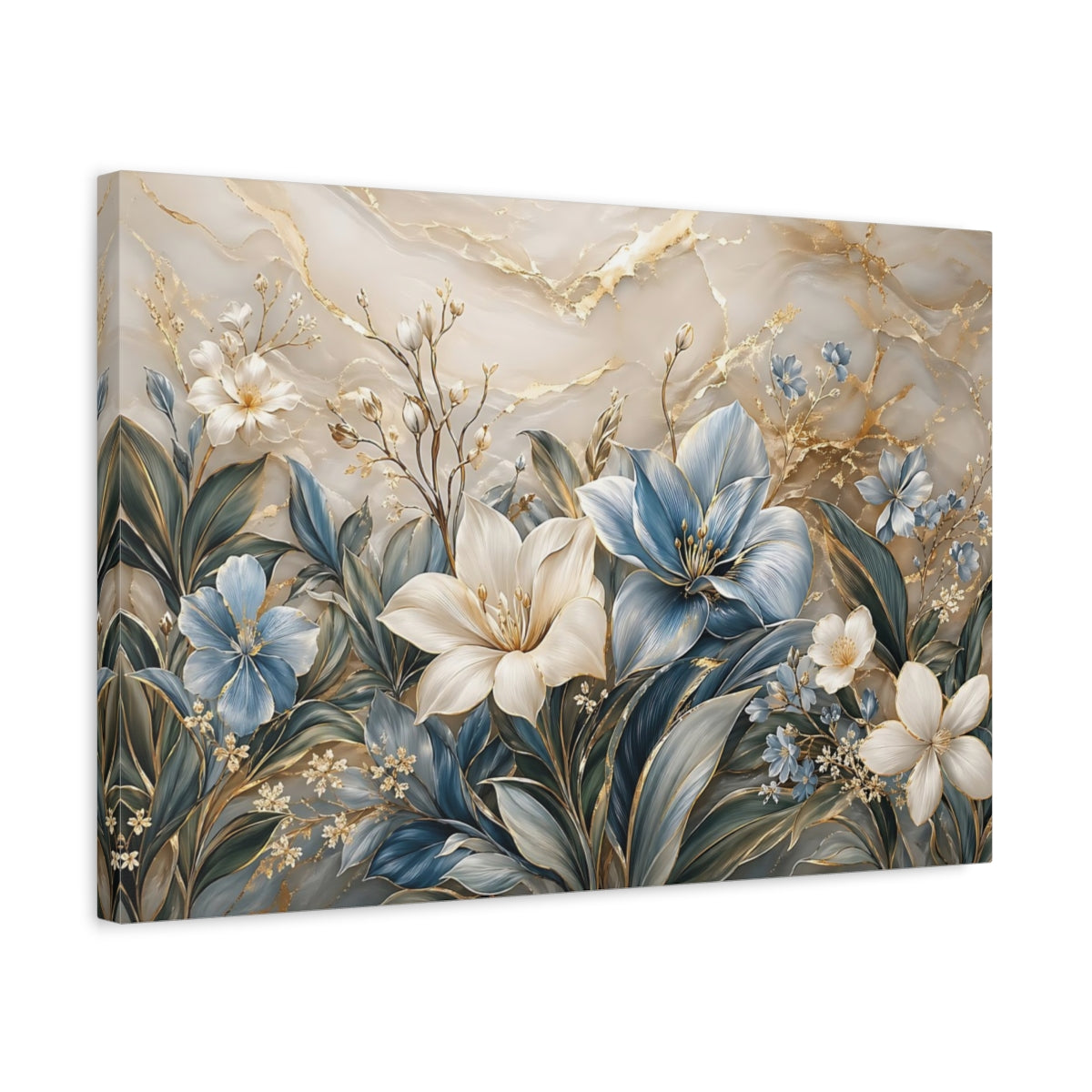 Side Mockup 3. Floral Floral Arrangement Blue Gold Floral shown as stretched canvas wall art