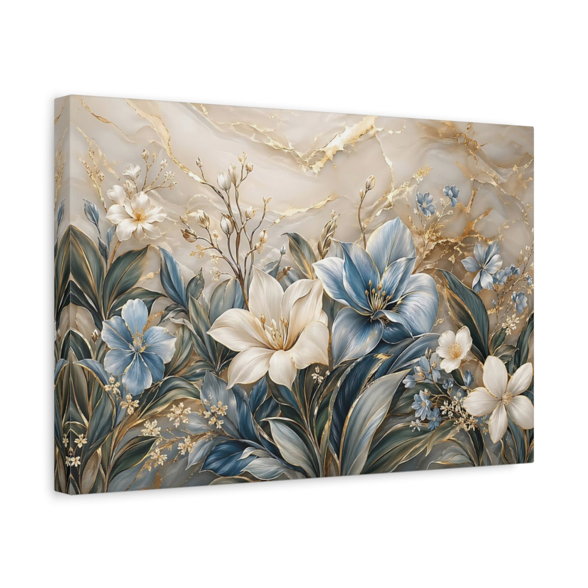 Side Mockup 4. Floral Floral Arrangement Blue Gold Floral shown as stretched canvas wall art