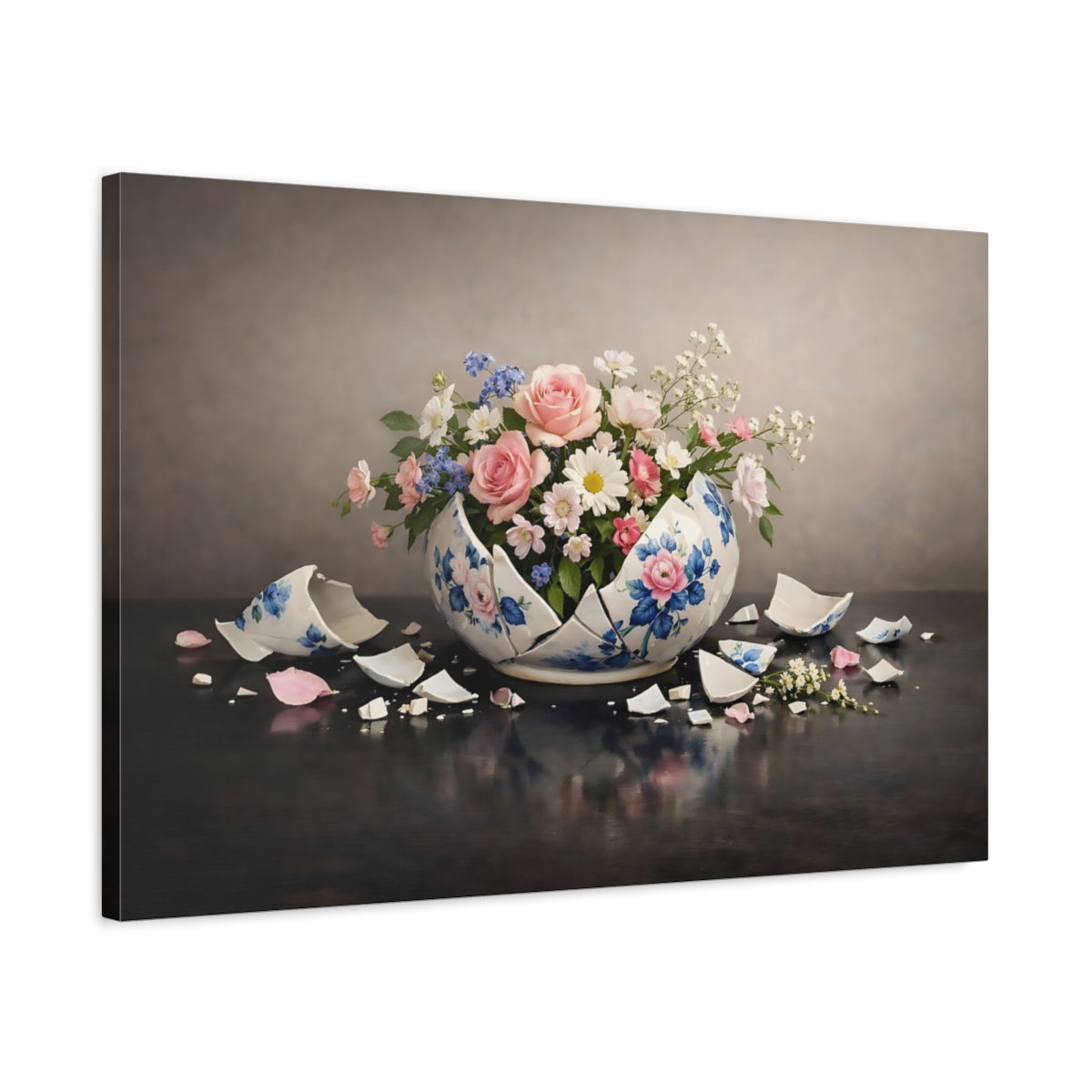 Side Mockup 2. Floral Floral Arrangement Broken Vase Floral shown as stretched canvas wall art