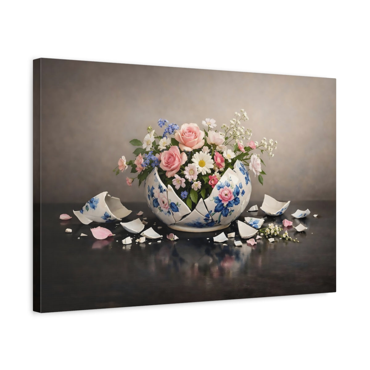 Side Mockup 3. Floral Floral Arrangement Broken Vase Floral shown as stretched canvas wall art