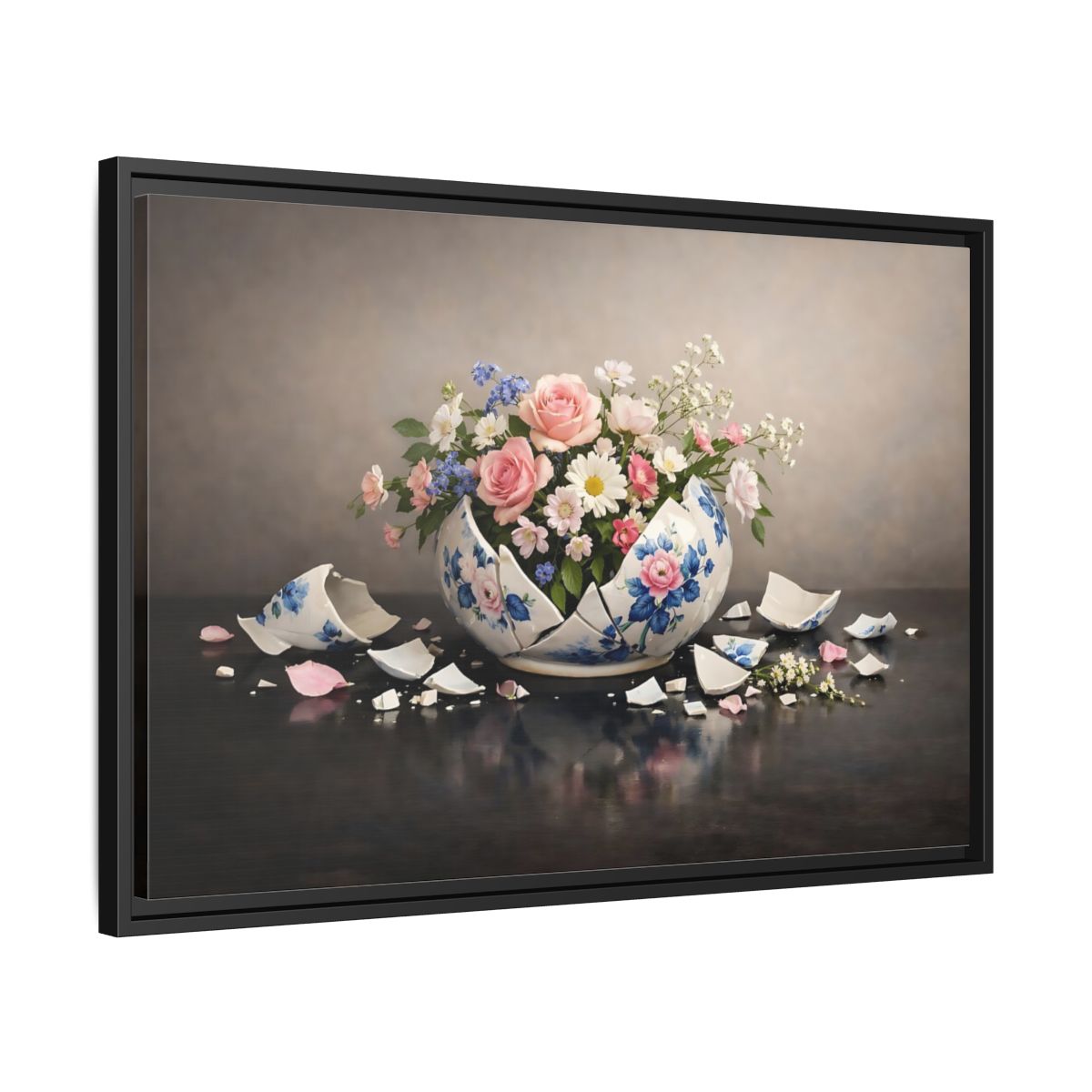 Side Mockup 14. Floral Floral Arrangement Broken Vase Flowers shown as stretched canvas wall art