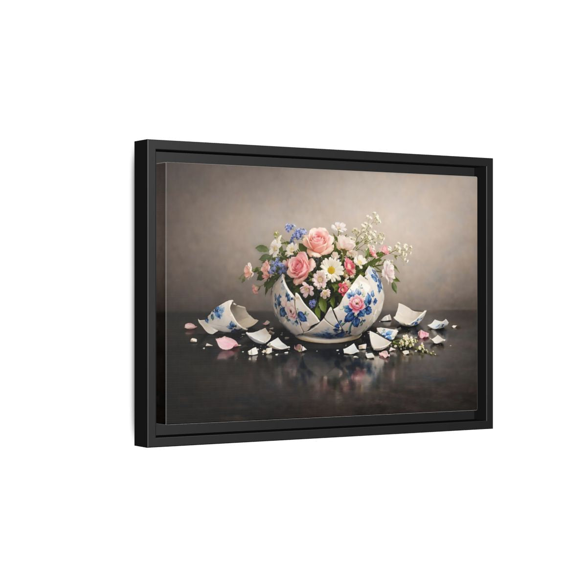 Side Mockup 6. Floral Floral Arrangement Broken Vase Flowers shown as stretched canvas wall art