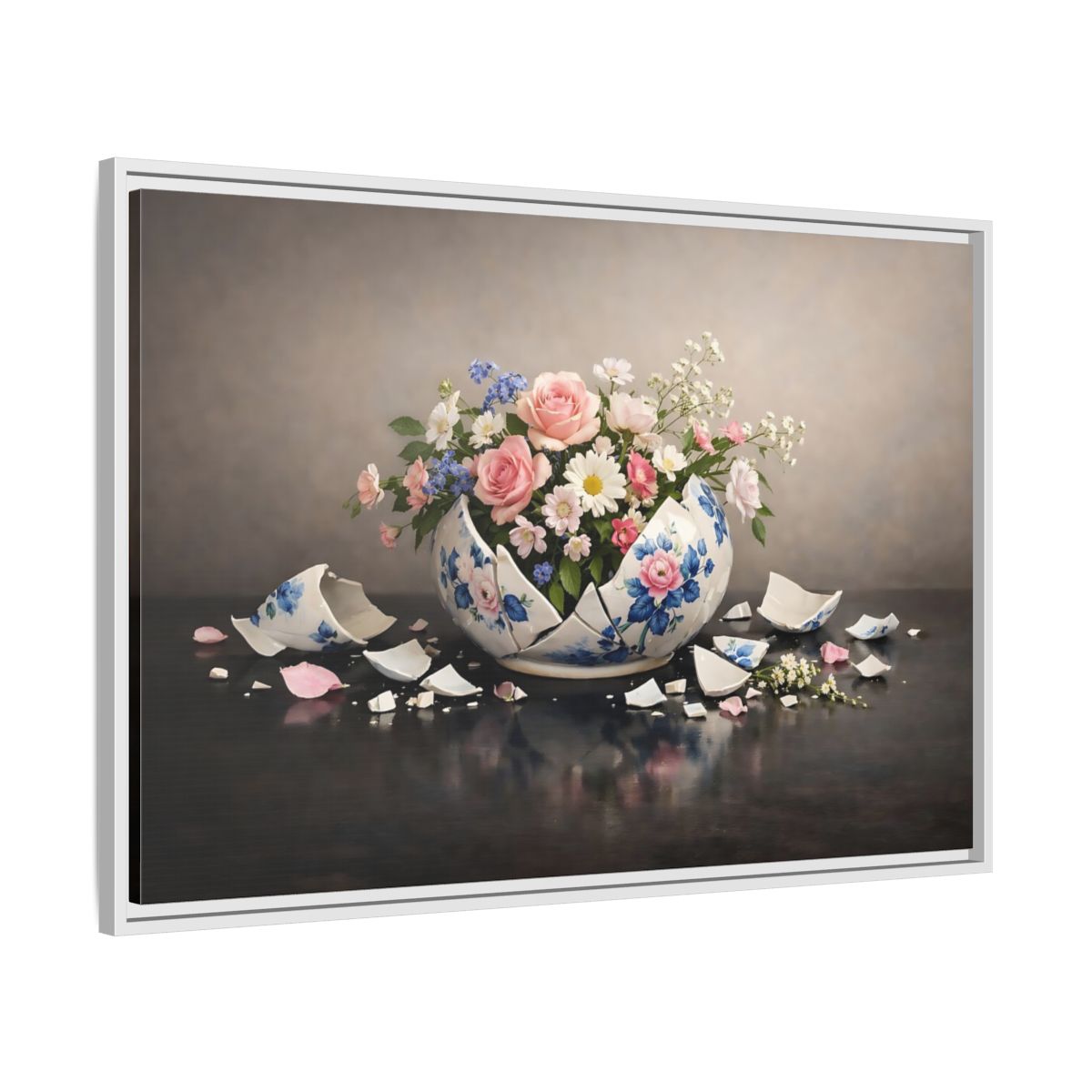 Side Mockup 8. Floral Floral Arrangement Broken Vase Flowers shown as stretched canvas wall art