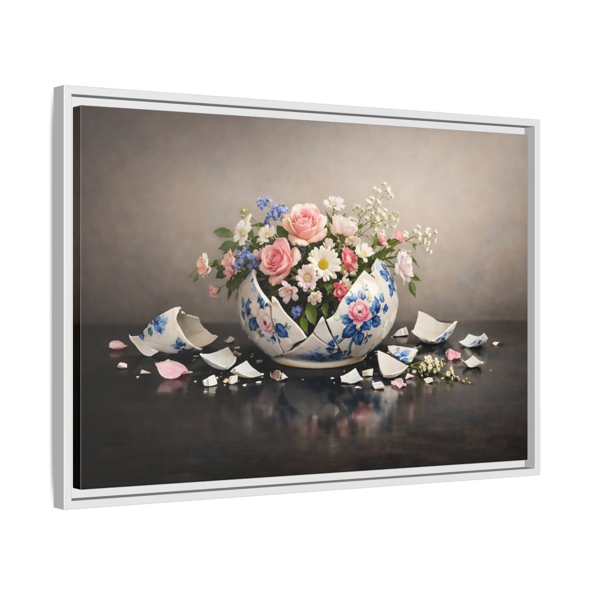 Side Mockup 10. Floral Floral Arrangement Broken Vase Flowers shown as stretched canvas wall art