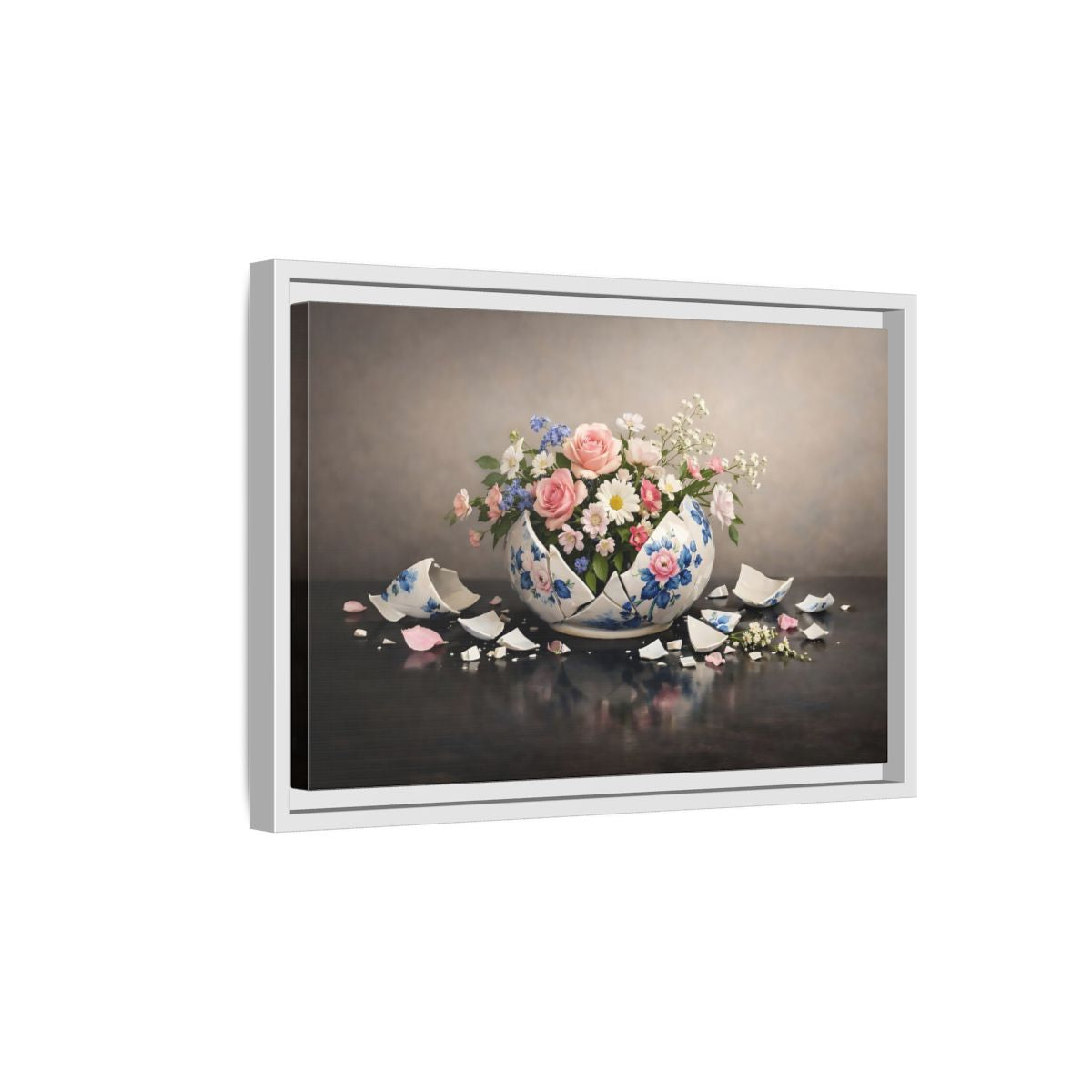 Side Mockup 4. Floral Floral Arrangement Broken Vase Flowers shown as stretched canvas wall art