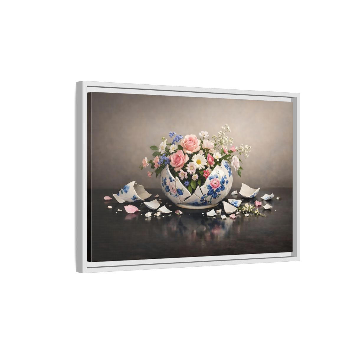 Side Mockup 1. Floral Floral Arrangement Broken Vase Flowers shown as stretched canvas wall art