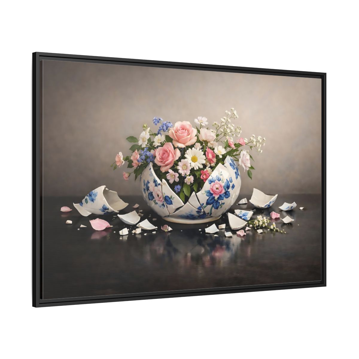 Side Mockup 12. Floral Floral Arrangement Broken Vase Flowers shown as stretched canvas wall art