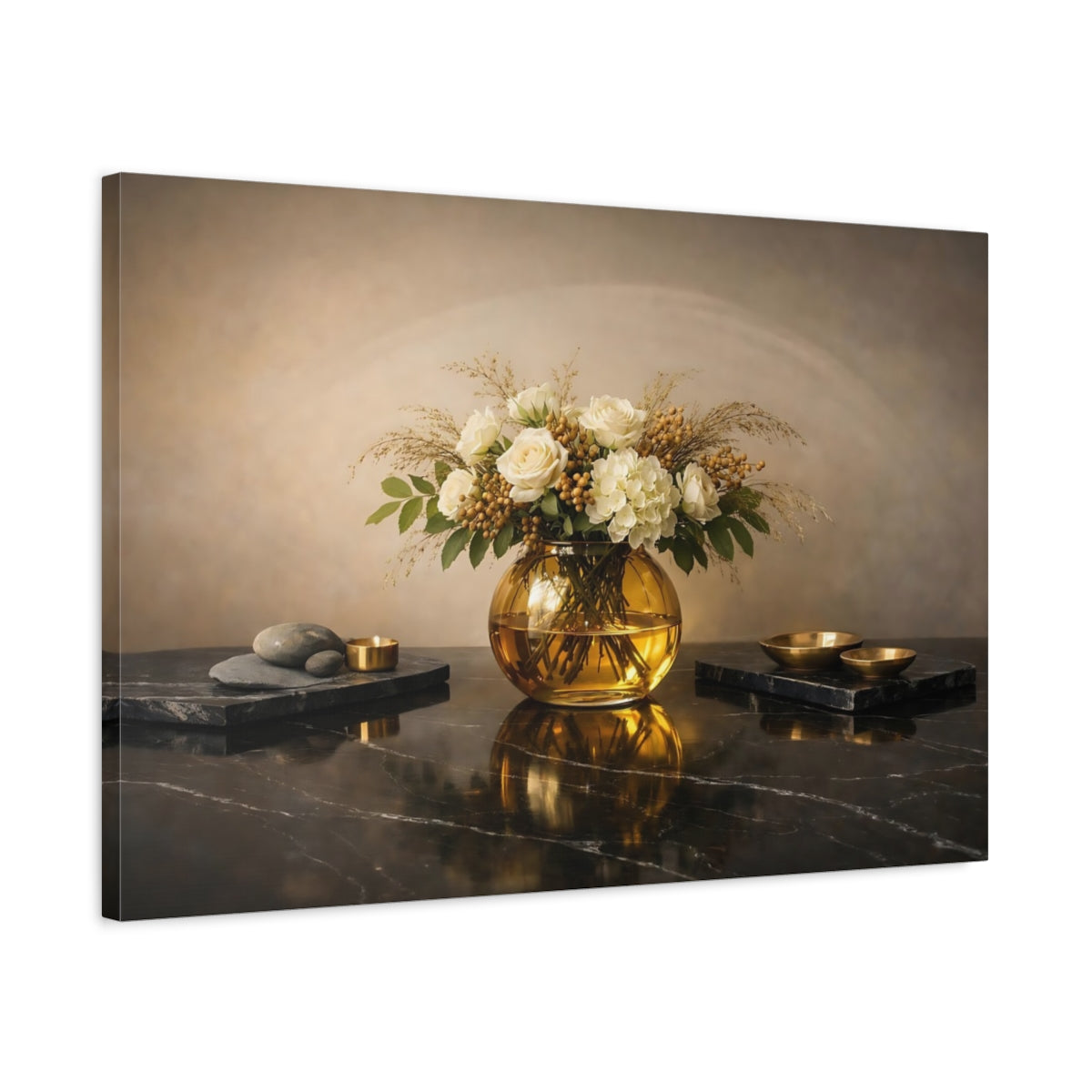Side Mockup 2. Floral Floral Arrangement Cream And Gold shown as stretched canvas wall art