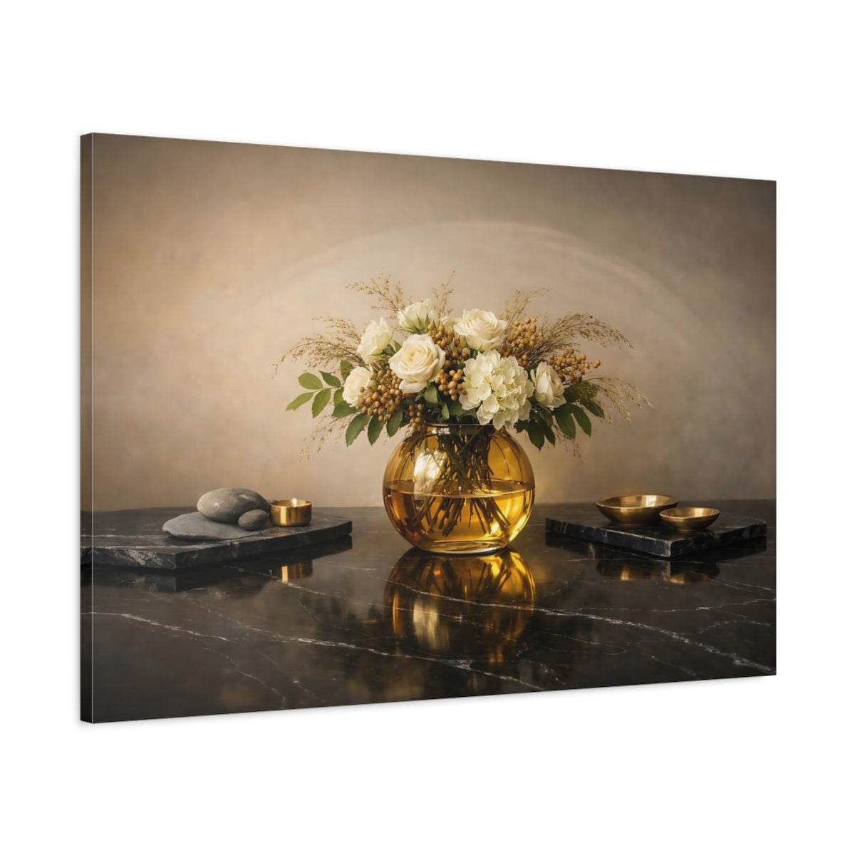 Side Mockup 1. Floral Floral Arrangement Cream And Gold shown as stretched canvas wall art