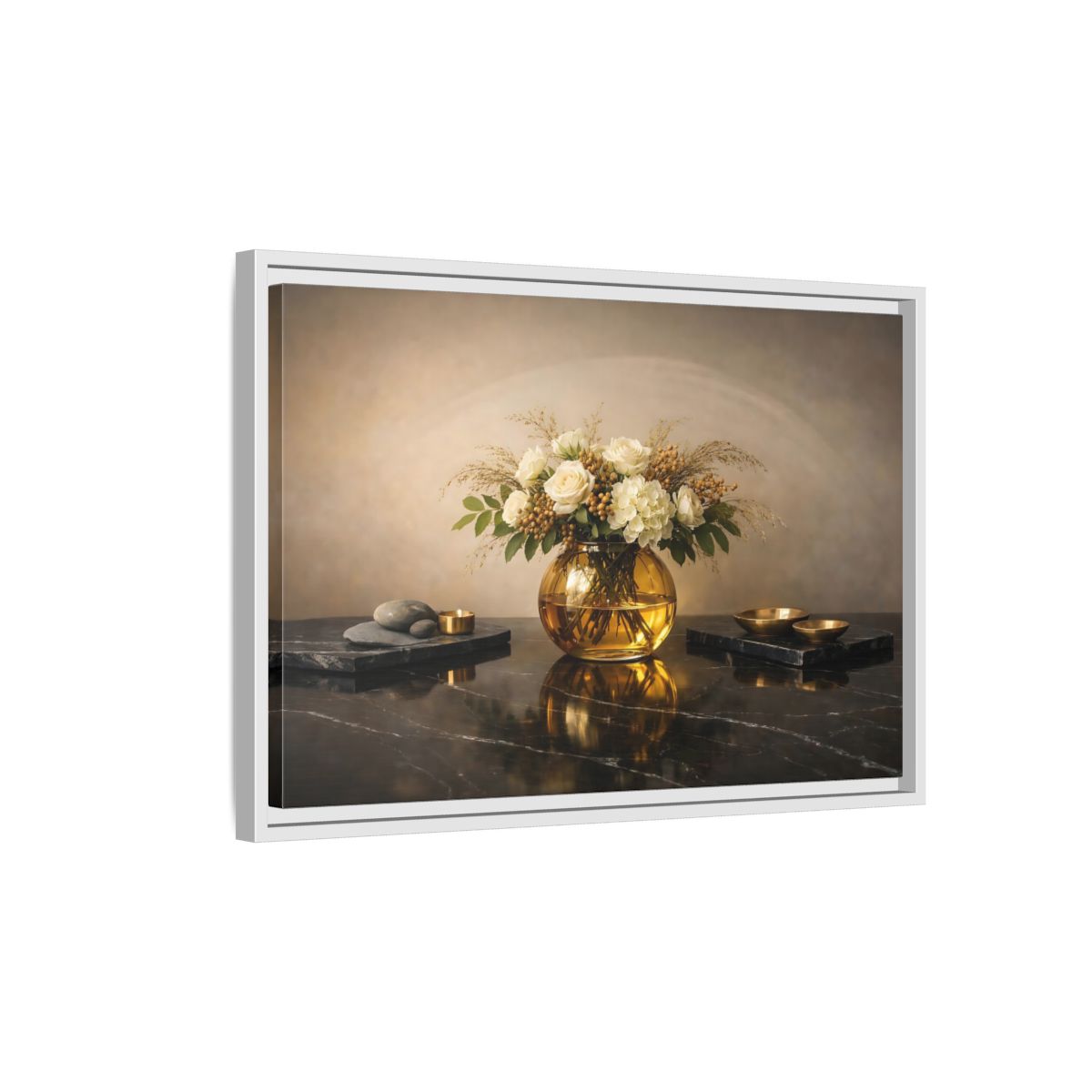 Side Mockup 1. Floral Floral Arrangement Cream And Gold shown as stretched canvas wall art