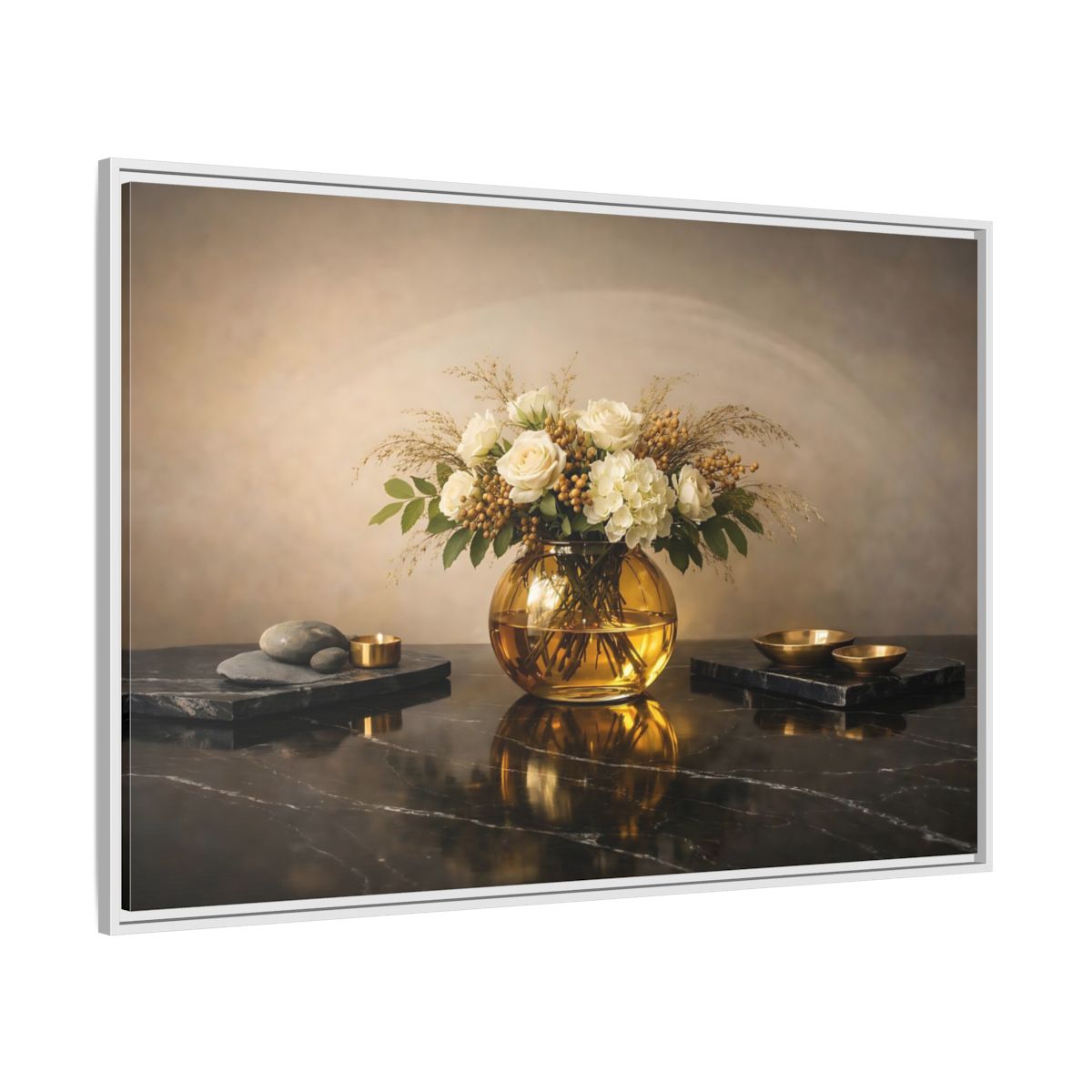 Side Mockup 7. Floral Floral Arrangement Cream And Gold shown as stretched canvas wall art