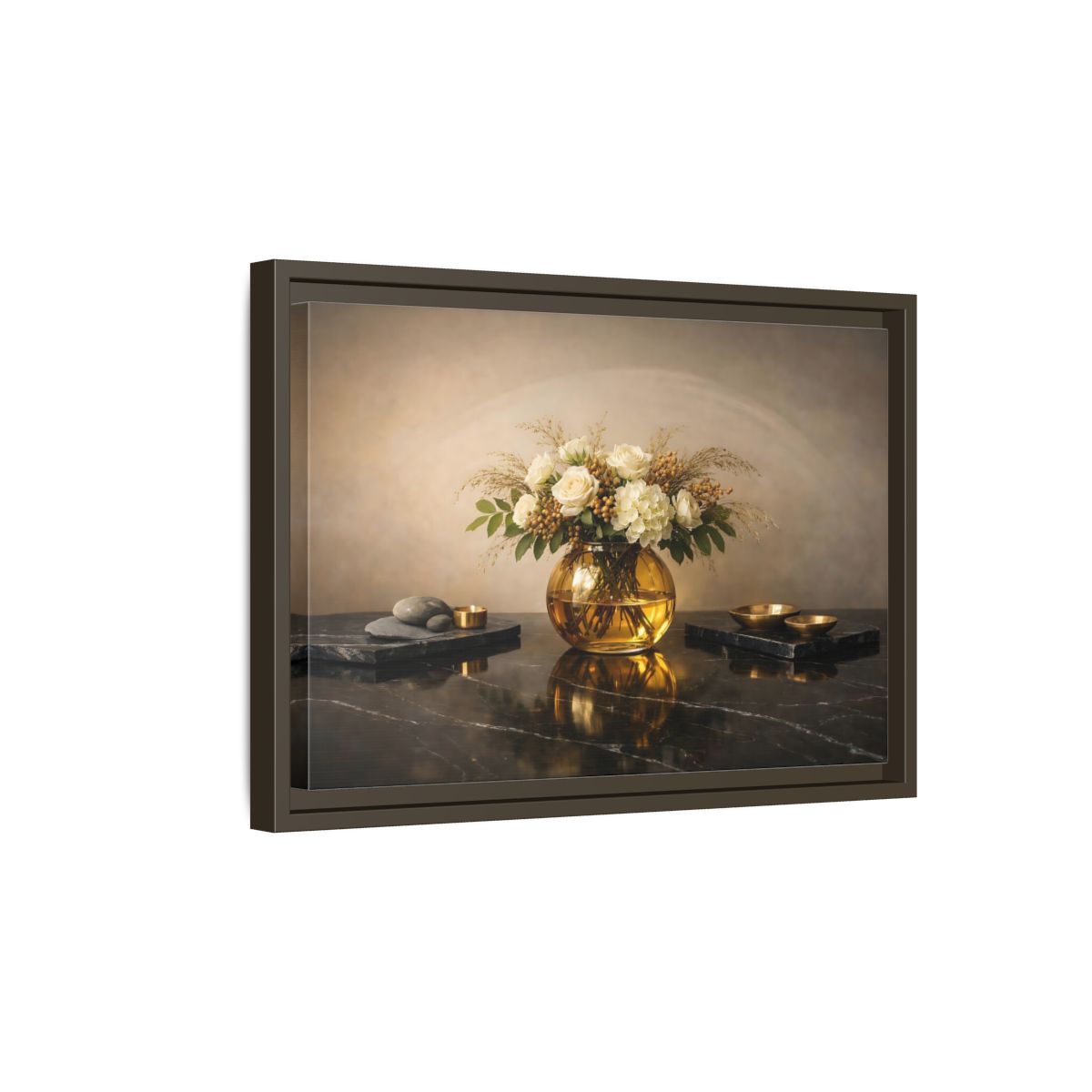 Side Mockup 5. Floral Floral Arrangement Cream And Gold shown as stretched canvas wall art