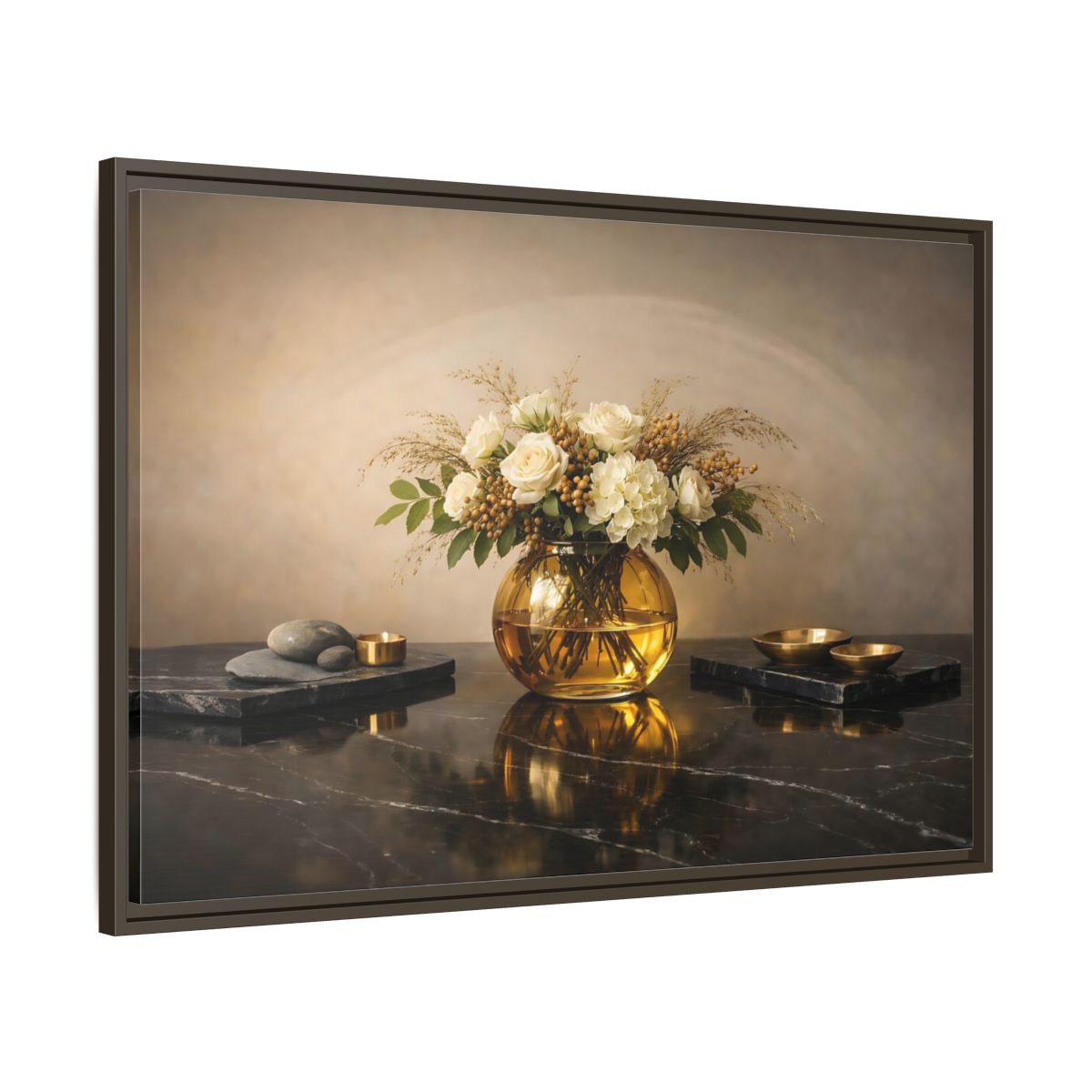 Side Mockup 9. Floral Floral Arrangement Cream And Gold shown as stretched canvas wall art