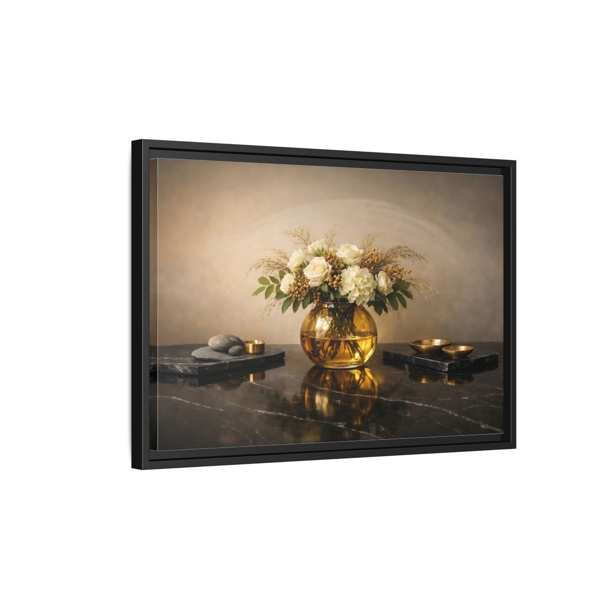 Side Mockup 3. Floral Floral Arrangement Cream And Gold shown as stretched canvas wall art