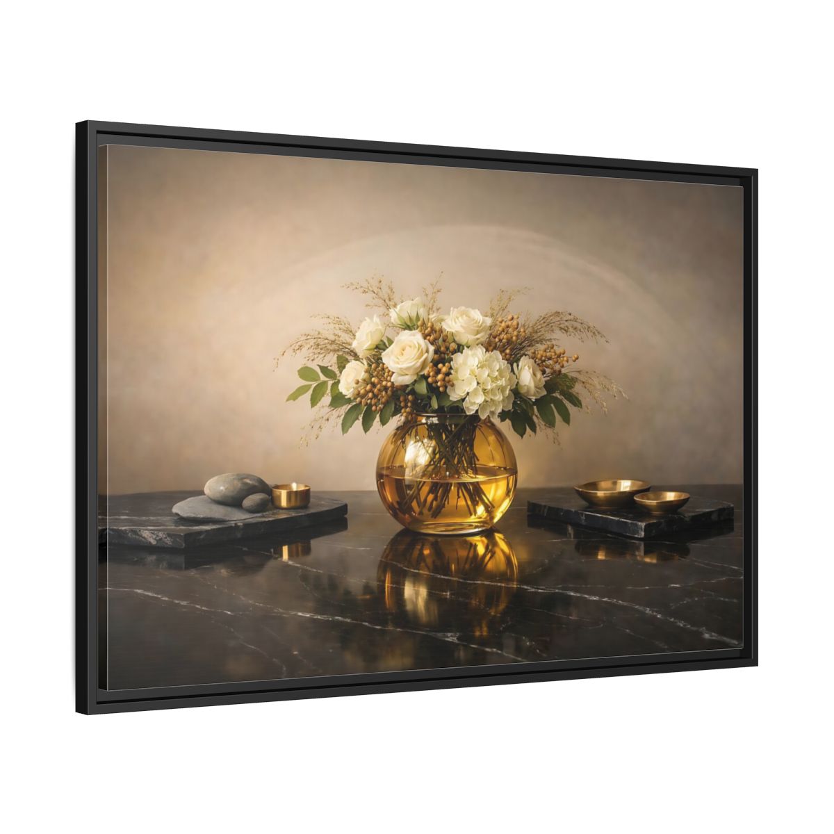 Side Mockup 13. Floral Floral Arrangement Cream And Gold shown as stretched canvas wall art