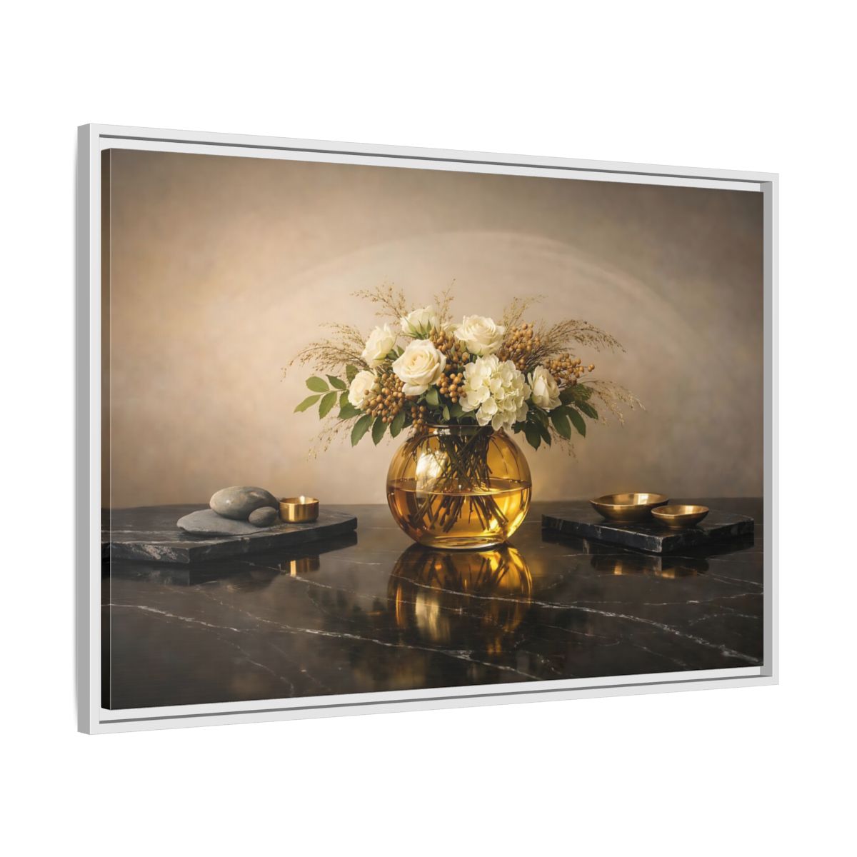 Side Mockup 8. Floral Floral Arrangement Cream And Gold shown as stretched canvas wall art