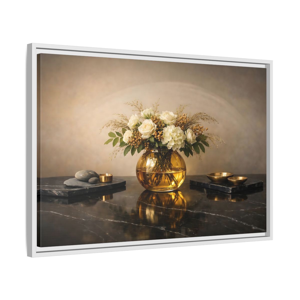 Side Mockup 10. Floral Floral Arrangement Cream And Gold shown as stretched canvas wall art