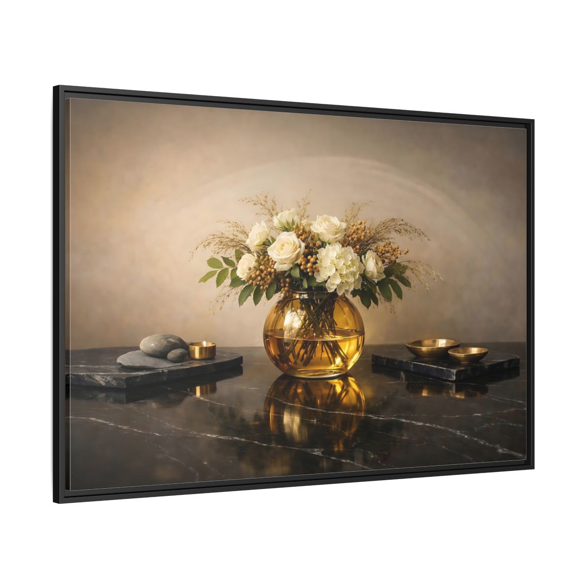 Side Mockup 12. Floral Floral Arrangement Cream And Gold shown as stretched canvas wall art