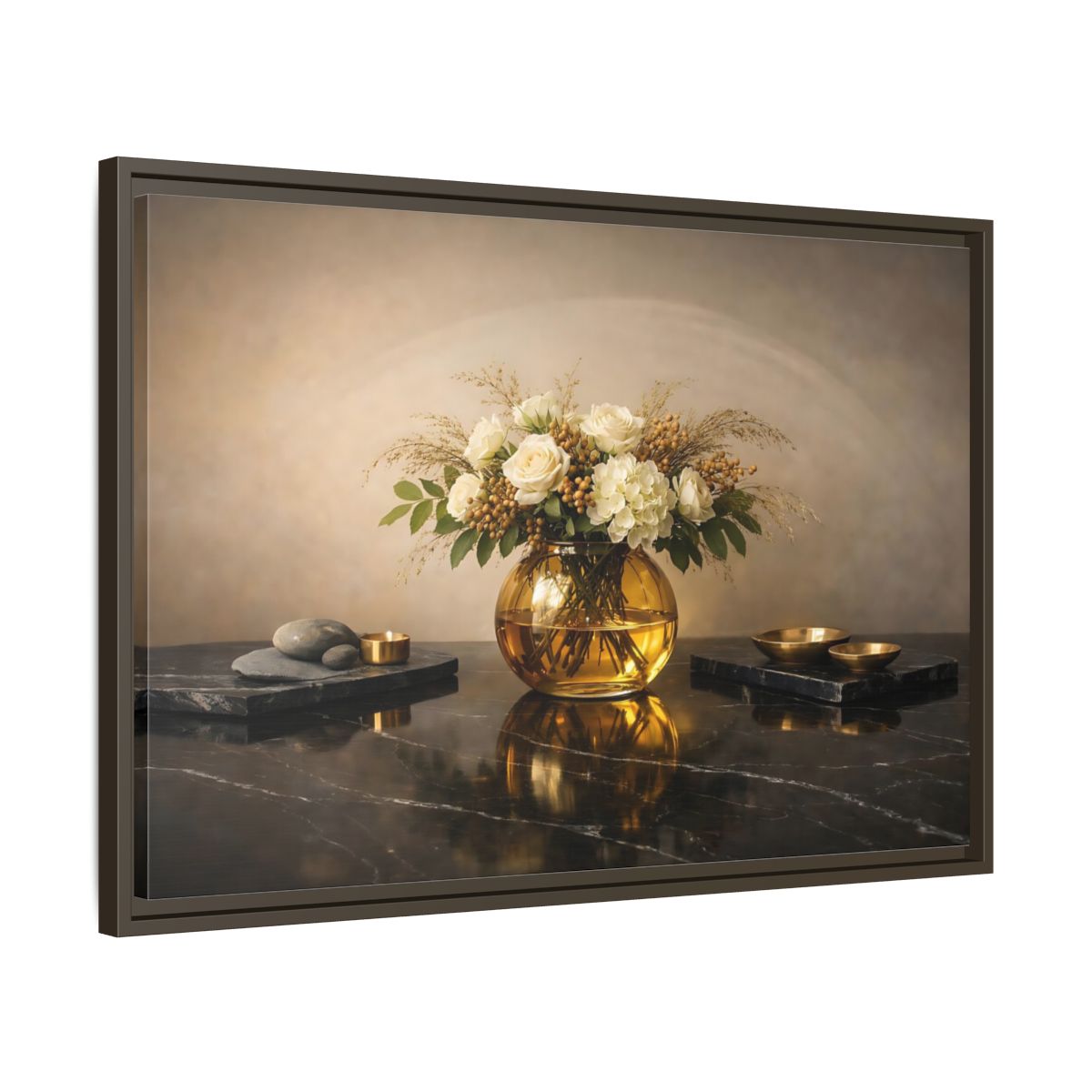 Side Mockup 11. Floral Floral Arrangement Cream And Gold shown as stretched canvas wall art