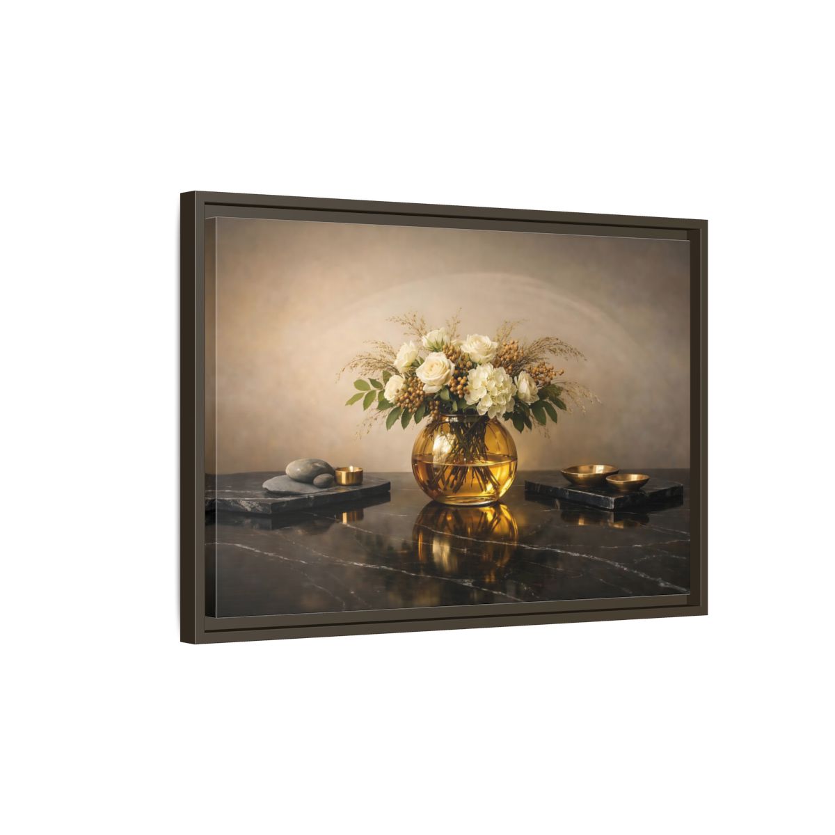 Side Mockup 2. Floral Floral Arrangement Cream And Gold shown as stretched canvas wall art