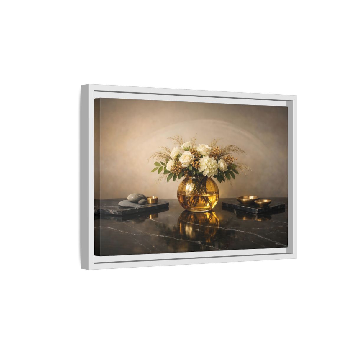 Side Mockup 4. Floral Floral Arrangement Cream And Gold shown as stretched canvas wall art
