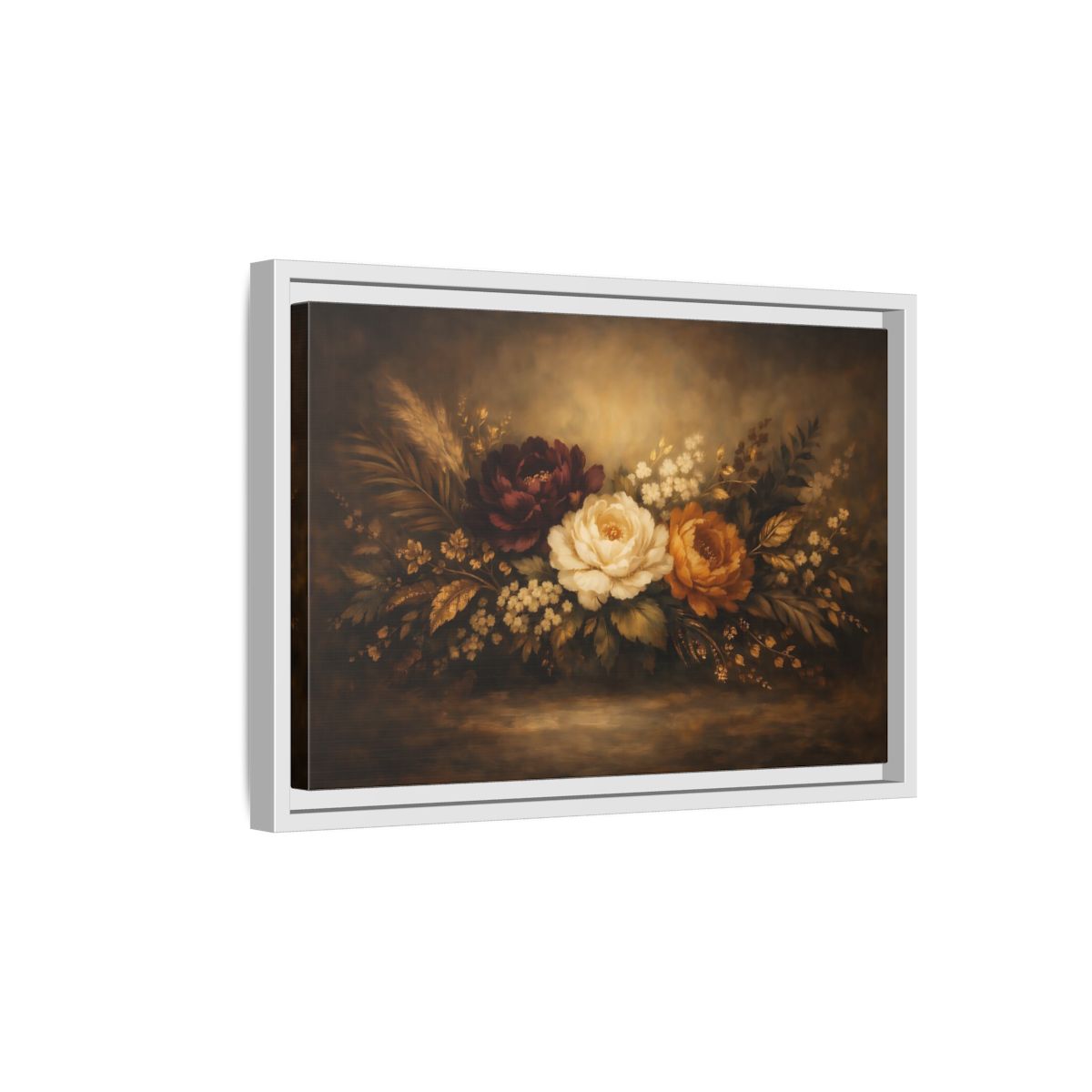 Side Mockup 4. Floral Floral Arrangement Dark Floral Arrangement shown as stretched canvas wall art