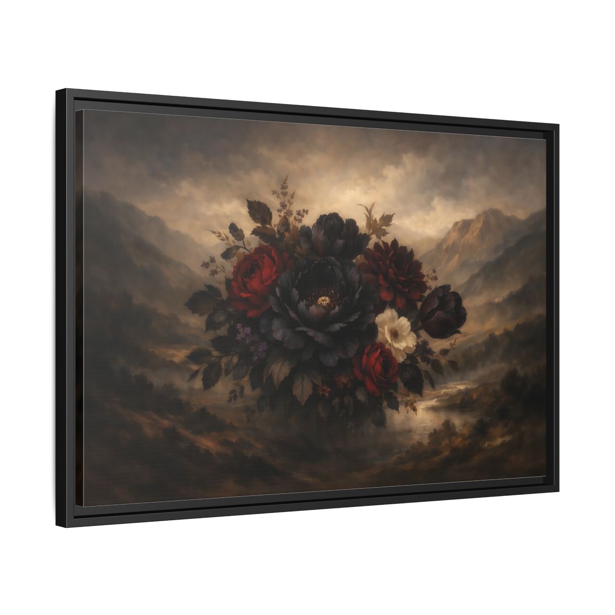 Side Mockup 14. Floral Floral Arrangement Dark Floral shown as stretched canvas wall art