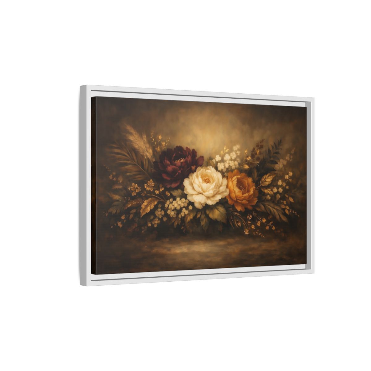 Side Mockup 1. Floral Floral Arrangement Dark Floral Arrangement shown as stretched canvas wall art