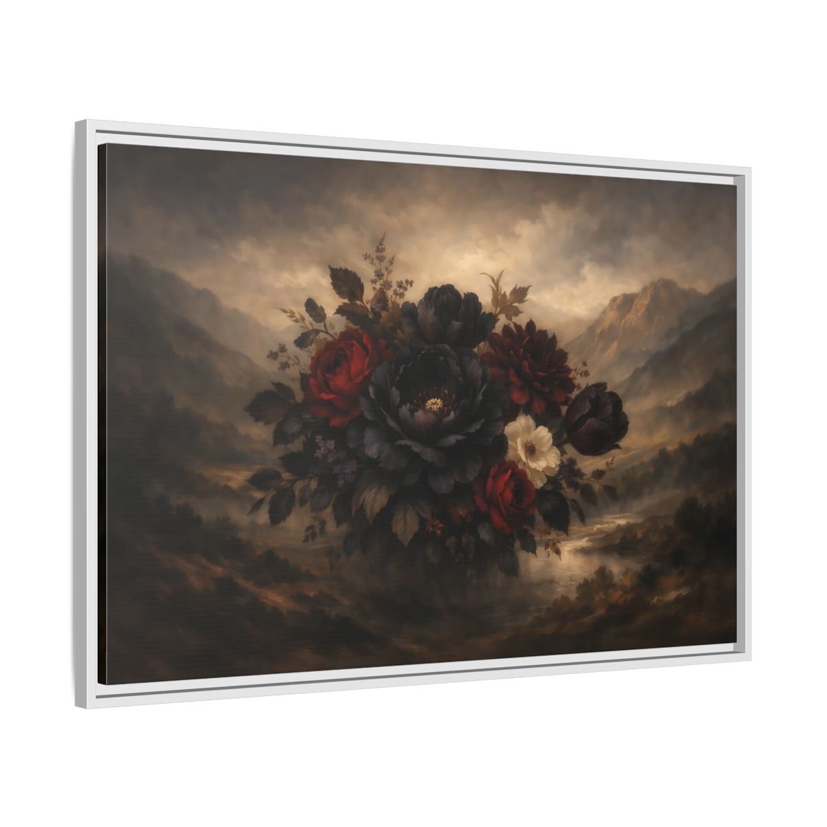 Side Mockup 8. Floral Floral Arrangement Dark Floral shown as stretched canvas wall art