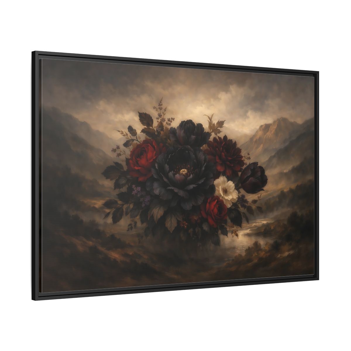 Side Mockup 12. Floral Floral Arrangement Dark Floral shown as stretched canvas wall art