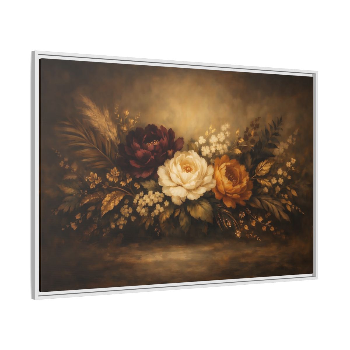 Side Mockup 7. Floral Floral Arrangement Dark Floral Arrangement shown as stretched canvas wall art