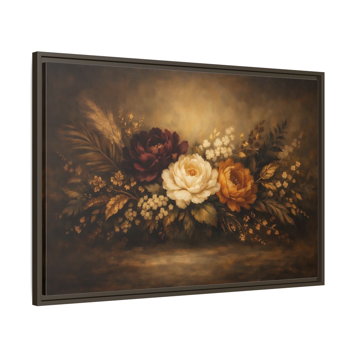 Side Mockup 9. Floral Floral Arrangement Dark Floral Arrangement shown as stretched canvas wall art