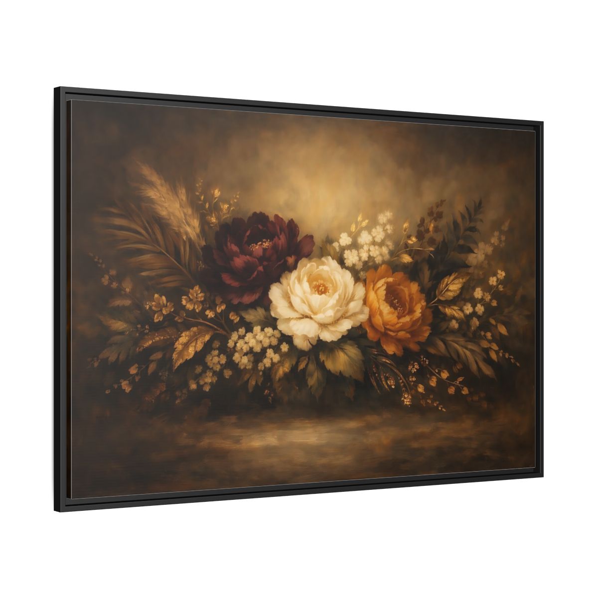 Side Mockup 12. Floral Floral Arrangement Dark Floral Arrangement shown as stretched canvas wall art