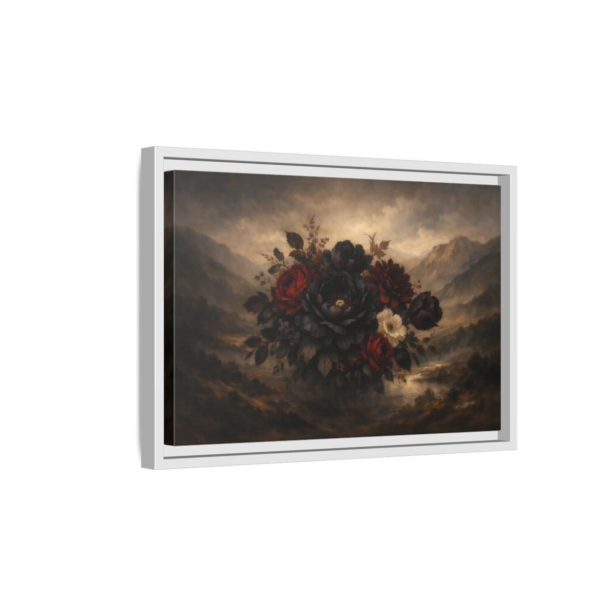 Side Mockup 4. Floral Floral Arrangement Dark Floral shown as stretched canvas wall art
