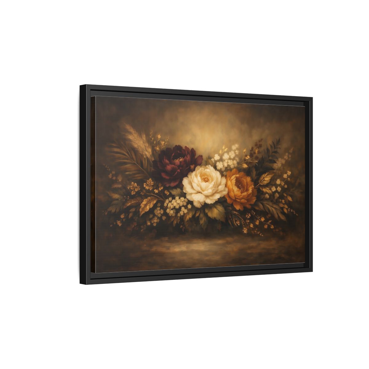 Side Mockup 3. Floral Floral Arrangement Dark Floral Arrangement shown as stretched canvas wall art