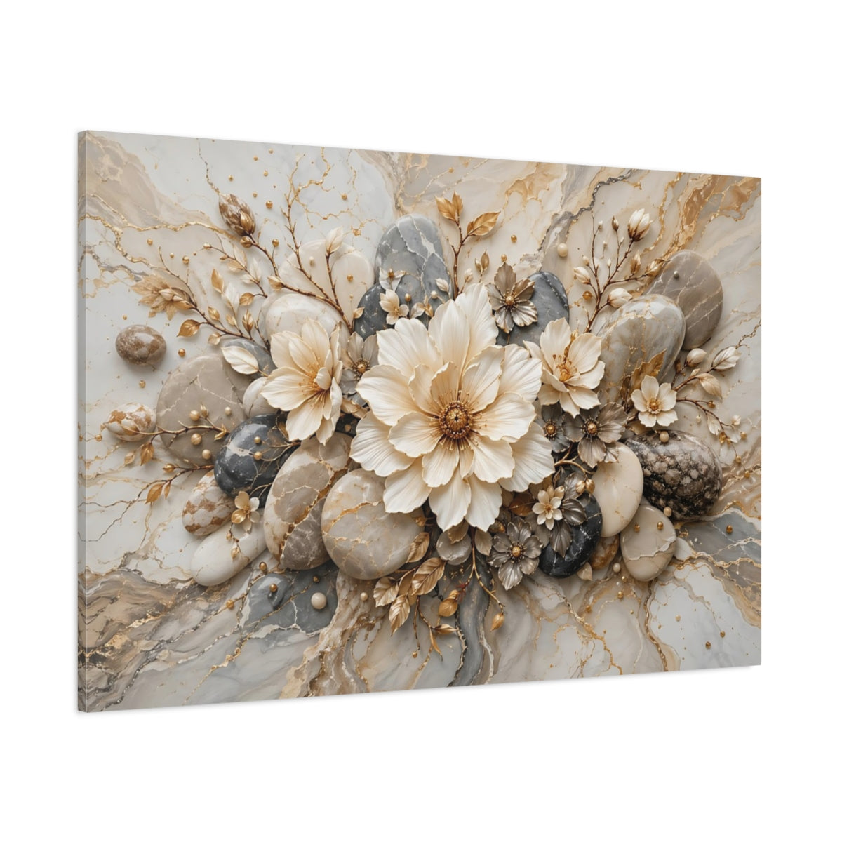 Side Mockup 1. Floral Floral Arrangement Gold And Grey Floral shown as stretched canvas wall art