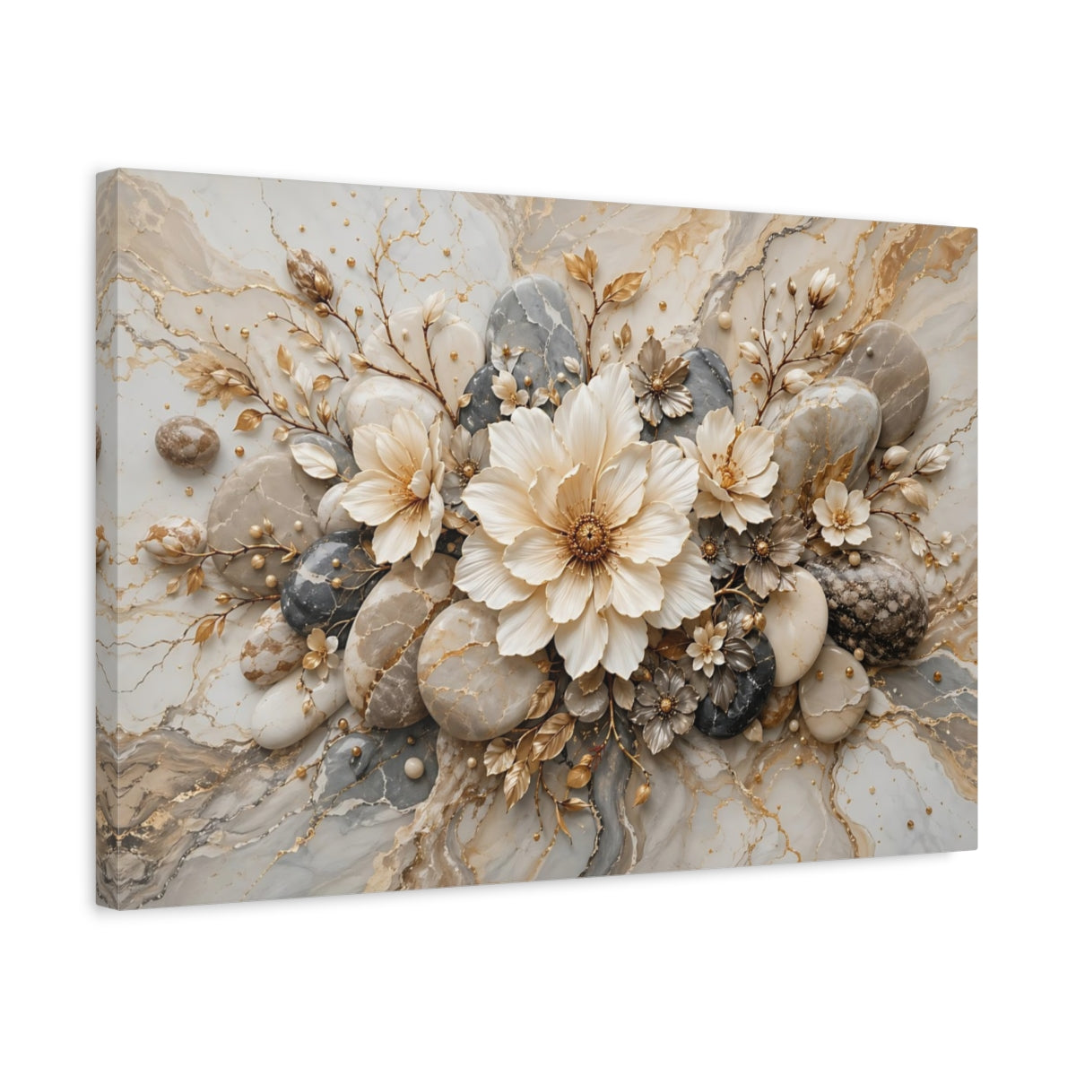 Side Mockup 3. Floral Floral Arrangement Gold And Grey Floral shown as stretched canvas wall art