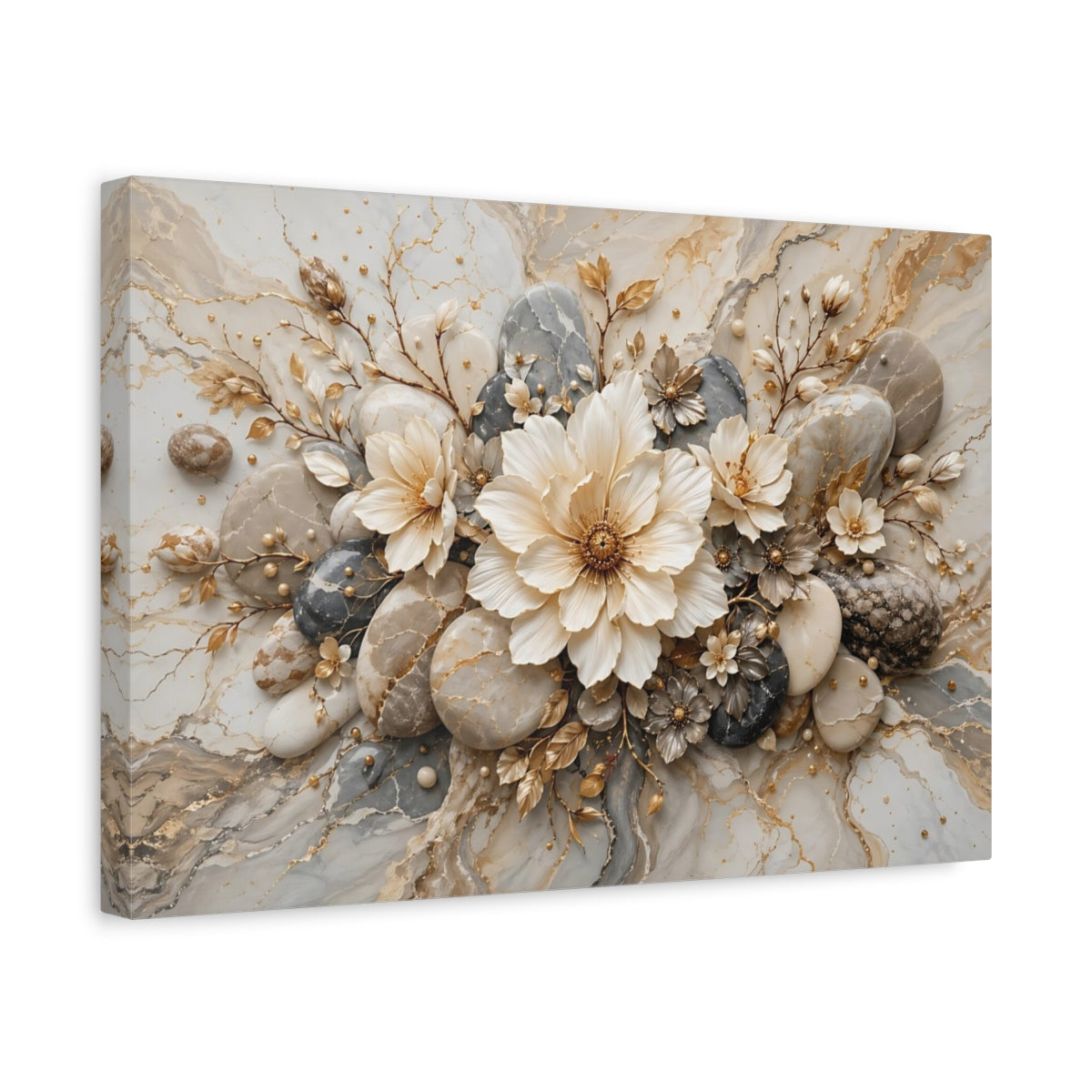 Side Mockup 4. Floral Floral Arrangement Gold And Grey Floral shown as stretched canvas wall art