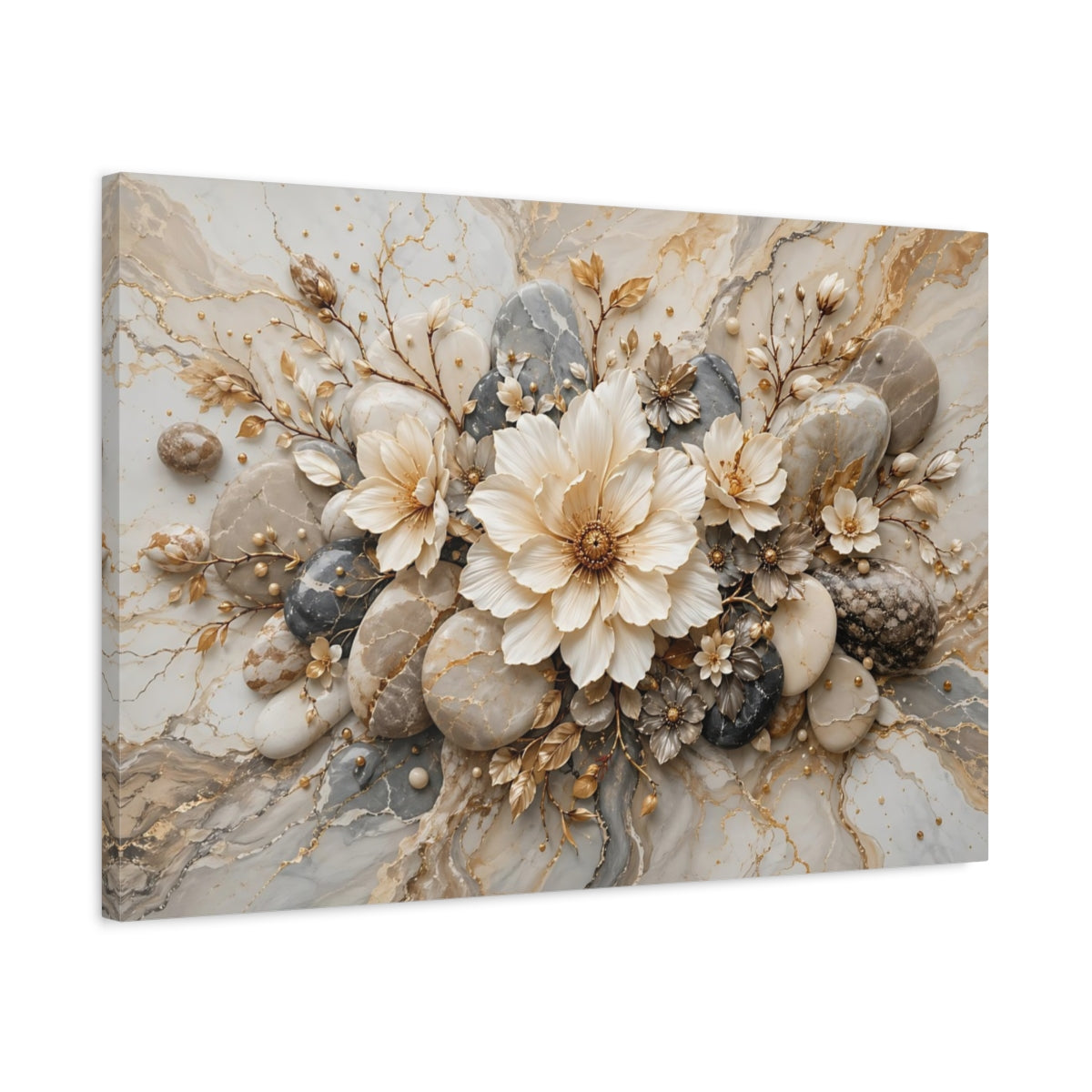 Side Mockup 2. Floral Floral Arrangement Gold And Grey Floral shown as stretched canvas wall art