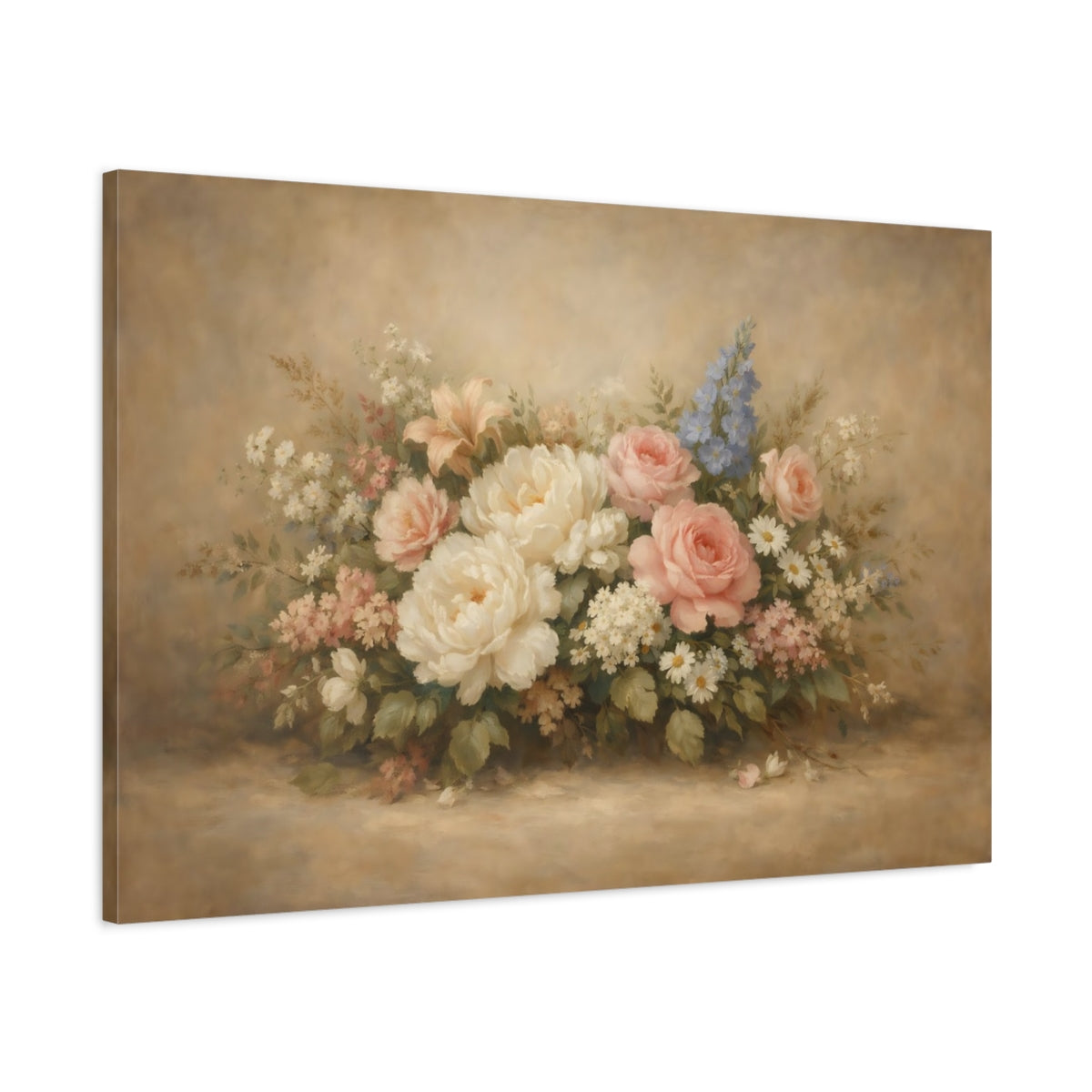 Side Mockup 1. Floral Floral Arrangement Pastel Flower Bouquet shown as stretched canvas wall art