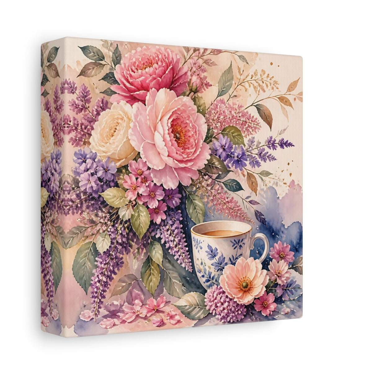 Side Mockup 2. Floral Floral Arrangement Pink And Purple Floral shown as stretched canvas wall art
