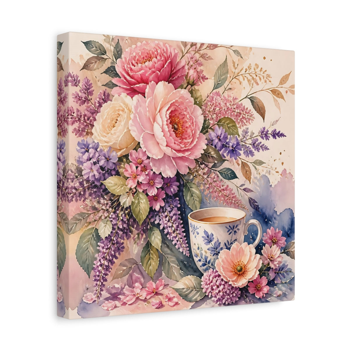 Side Mockup 8. Floral Floral Arrangement Pink And Purple Floral shown as stretched canvas wall art
